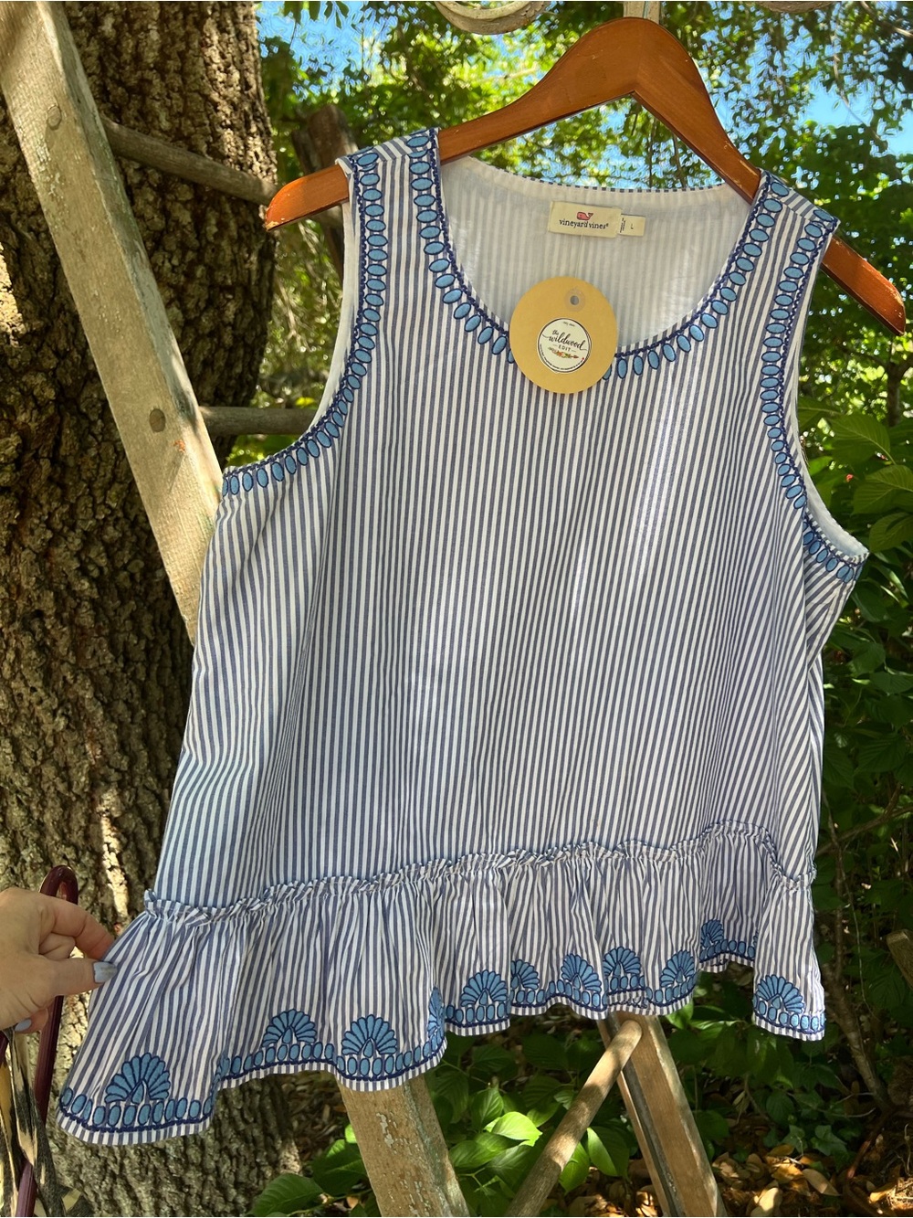 Vineyard Vines Blue & White Striped Sleeveless Ruffle Tank